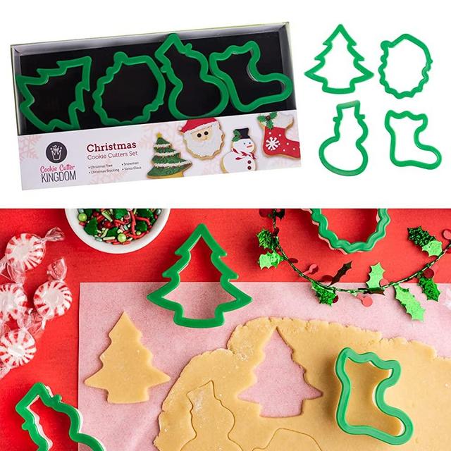 Cookie Cutter Kingdom - Christmas Cookie Cutters, Gift Set, 4 Pcs Cookie Cutters Shape - Tree, Santa, Snowman, Stocking - Holiday Food Party Decorations - Plastic Rubber - 4 Pack