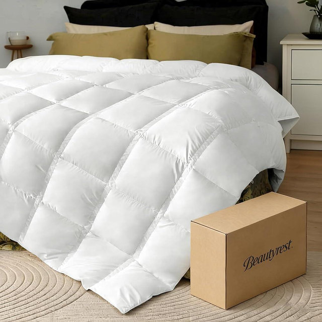 Beautyrest Goose Down Fiber Comforters Queen Size, Lightweight Blanket/Duvet Insert for Summer and Hot Sleepers, 100% Cotton Fabric, 8 Corner Tabs, Hotel Collection Down Fiber Blanket, 90x90 Inch