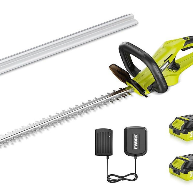 EWORK Electric Hedge Trimmer Cordless - 22" Battery Powered Bush Trimmer, Max 5/8" Cutting Capacity, Lightweight 4.3 Lbs, Handheld Shrub Trimmers with 2 x Battery and Charger for Garden, Yard (Green)