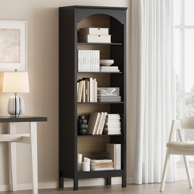 Arched Bookshelf with 5 Tier Open Shelves, 71" Tall Wood Bookcase with Adjustable Shelves, 24" Wide Floor Standing Display Storage Shelf for Home Office, Kitchen, Study and Living Room, Modern Black