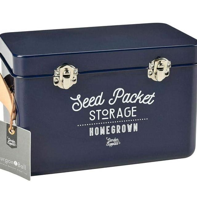 Burgon & Ball Seed Packet Storage Box Container Tin Stone Navy Blue with Inside Dividers for Organization