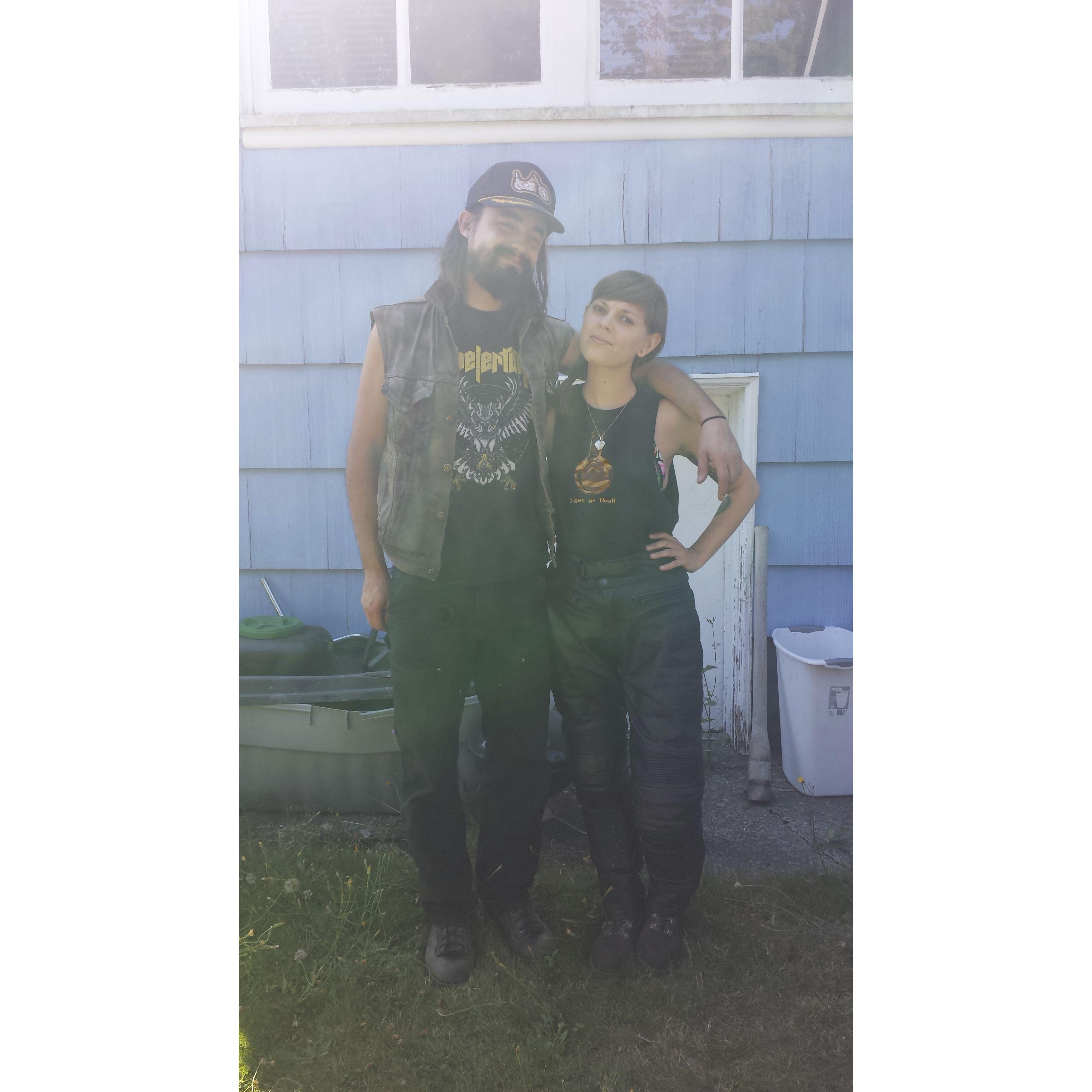 Both of us wearing Chris's motorcycle pants for a ride 2014