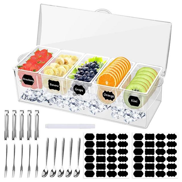 5 Compartment Condiment Server, Ice Chilled Condiment Containers with Hinged Lid Chilled Caddy with 5 Removable Dishes and 15 Pieces Stainless Steel Serving Tongs Serving Spoons Fruit Forks