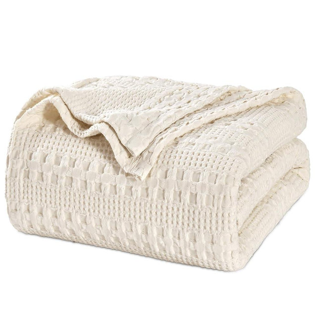 PHF 100% Cotton Waffle Weave Blanket King Size, Lightweight Washed Cotton Blanket for Spring & Summer - 108"x90" Aesthetic Soft Woven and Breathable Blanket for Bed Sofa Home Decor - Undyed