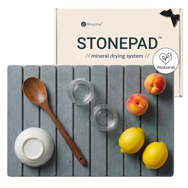 Premium Stone Dish Drying Mat for Kitchen Counter – Foldable 24"×16" Diatomaceous Drying Pad – Natural, Fast-Drying, Super Absorbent Countertop Mat – (Dark Gray)