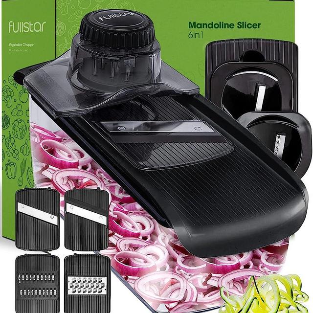 Fullstar 6-in-1 Mandoline Slicer For Kitchen, Cheese Grater, Vegetable Spiralizer and Veggie Slicer for Cooking & Meal Prep (Kitchen Gadgets Organizer & Safety Glove Included), Black