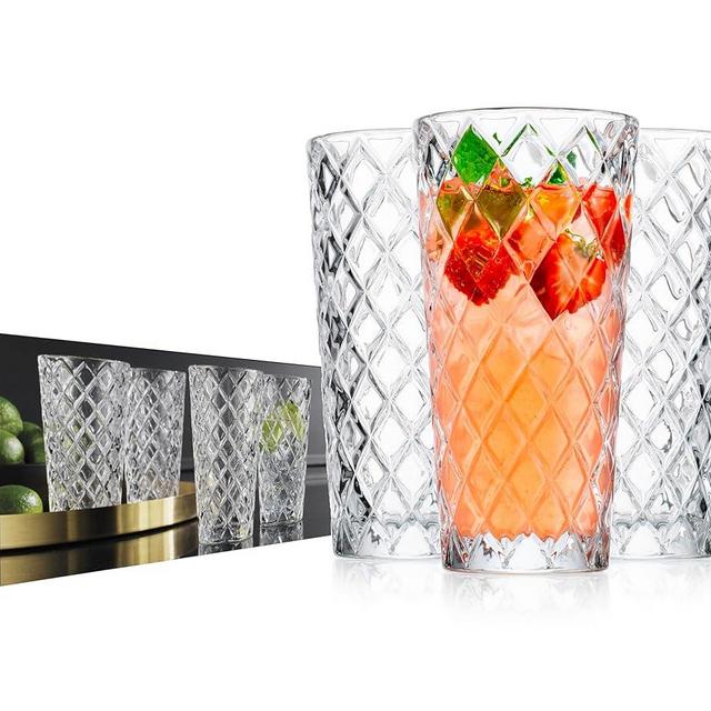 Glaver's Drinking Glasses Set of 4. Tall Highball Glasses. 14oz. Textured Diamond Cut Elegant Drinking Glass Cups- Kitchen Glassware for Water, Iced Tea, Juice, Cocktail.
