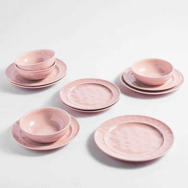 Cambria Stoneware 12-Piece Dinnerware Set, 10 3/4" Dinner Plate with Soup Bowl - Rose