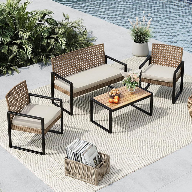 MFSTUDIO 4 Piece Wicker Patio Furniture Set, Small Patio Sofa with Loveseat & Chaise & Acacia Wood Table, Outdoor Sectional Couch with Wood Table, Beige