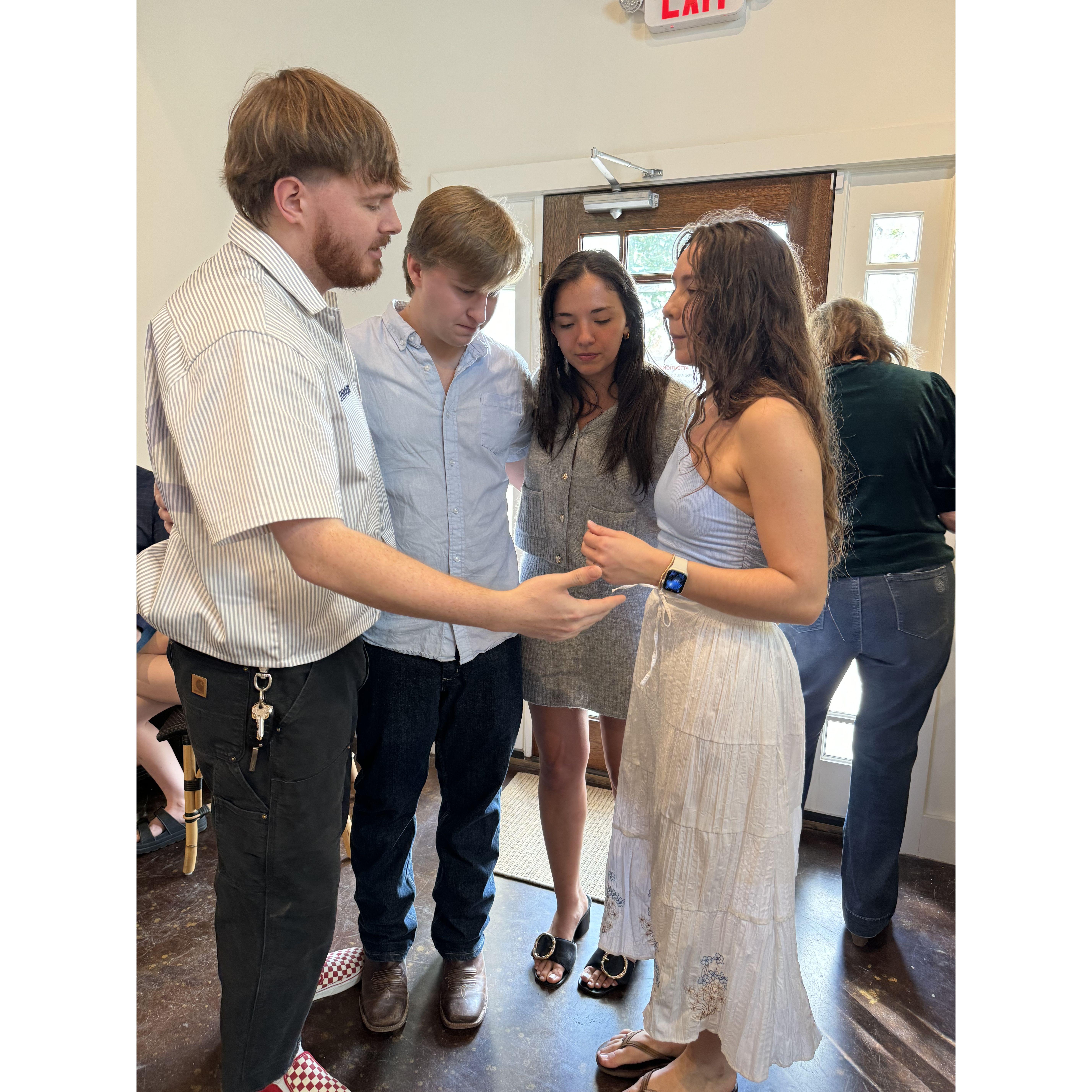 At our engagement party, with our best friends.