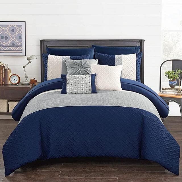 Chic Home Osnat 10 Piece Comforter Set Color Block Quilted Embroidered Design Bag Bedding – Sheets Decorative Pillows Shams Included, Queen, Navy