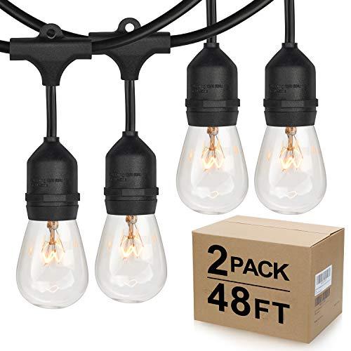 2-Pack Dimmable Outdoor String Lights for Patio, Waterproof Hanging Vintage 11W Edison Bulbs, 48Ft Commercial Lights String Perfect for Cafe Bistro Backyard Pergola, Blk(96ft)