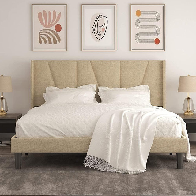 Allewie King Bed Frame / Upholstered Platform Bed with Geometric Wingback Headboard / Mattress Foundation / Wood Slat Support / No Box Spring Needed / Easy Assembly, Light Beige