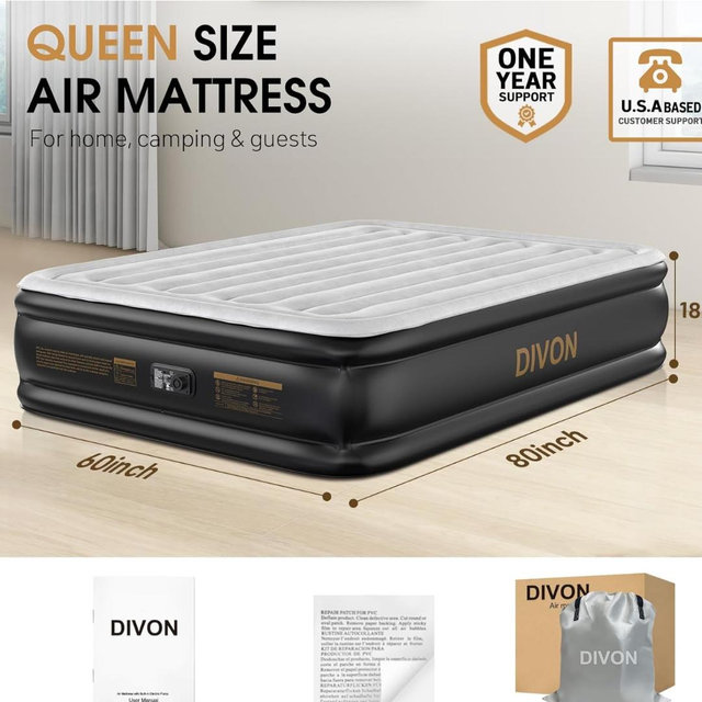 DIVON Air Mattress Queen with Built in Pump,Blow Up Mattress with Wave Pattern in 3 Mins,18'' Quick Inflatable Mattress, Luxury Airbed for Home&Camping,Black,660lbs
