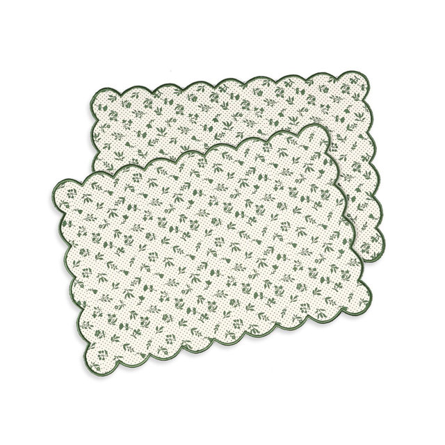 Green scalloped cotton Placemat with floral block print , 13X19 inches