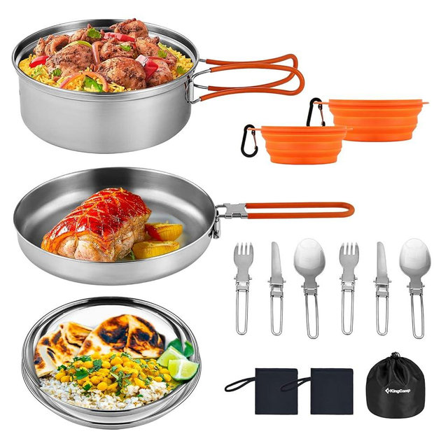KingCamp 17/25pcs Stainless Steel Camping Cookware Mess Kit Camping Cooking Set Backpacking Gear Lightweight Pots and Pans Set with Folding Knife Fork for Camping Hiking Picnic
