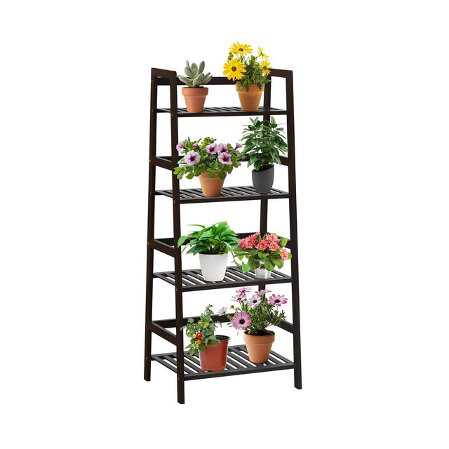 SUGIFT 4-Tier Bamboo Plant Rack with Guardrails Stable and Space-Saving-Brown