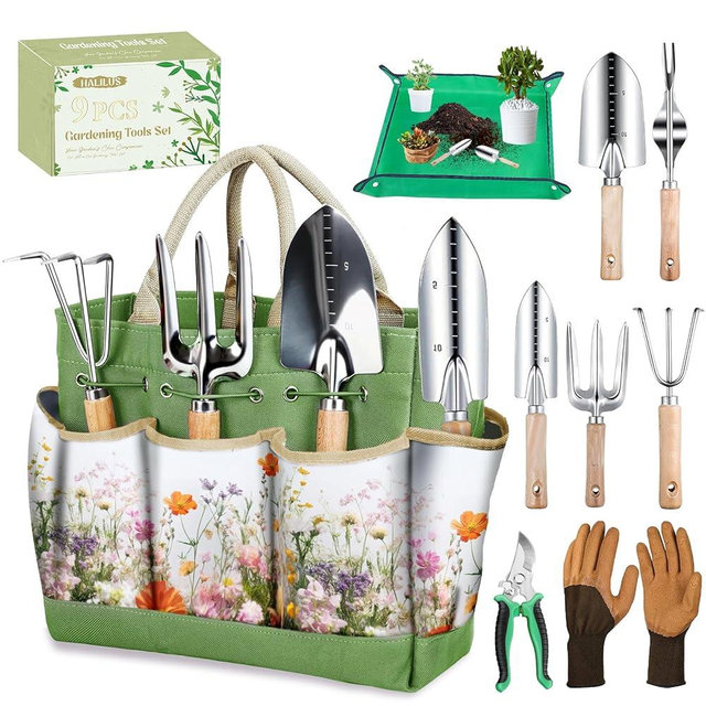 Garden Tools 9-Piece Heavy Duty Gardening Hand Tools with Floral Organizer Tote Bag, Rust-Proof Garden Tool Set, Thickened Repotting Mat, Gardening Gifts for Women Mom, Green
