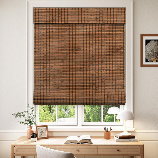 LazBlinds Cordless Blackout Bamboo Roman Shades, Room Darkening Blinds for Interior Windows, Thermal Insulated Roll Up Bamboo Blinds for Home & Patio, 47" W x 64" H, Penang Teak
