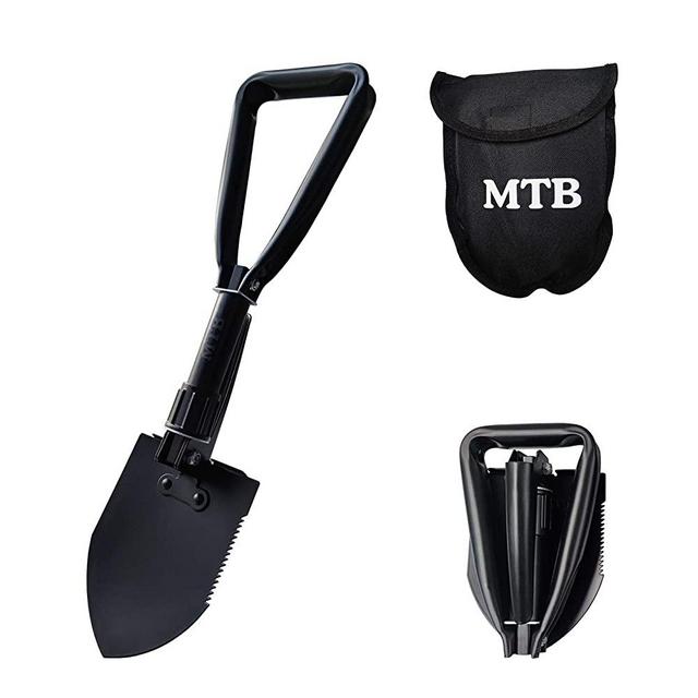 MTB Military Folding Shovel Camping Shovel,High Carbon Steel Entrenching Tool w/Wood Saw Edge and Tactical Carry Case, 22.8/18.3 Inch, Black/Green