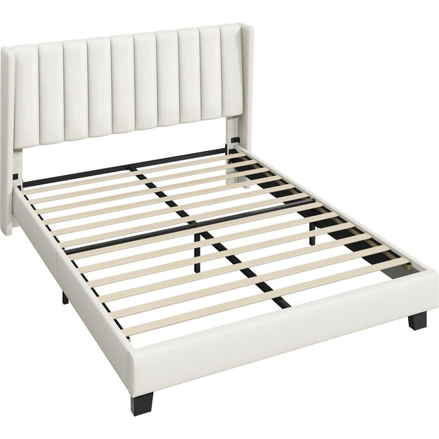 Yaheetech Upholstered Bed Frame with Wing Side, Beige