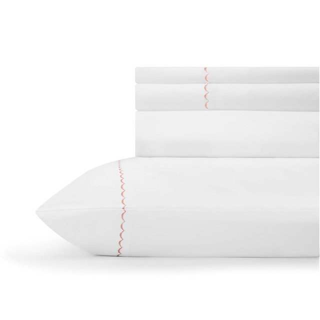 Linen Home 100% Cotton Percale Marrow Stitch Hem Sheet Set Queen Size, Peach, 4 Piece Hotel-Style Tailored Deep Pocket Bedding, Crisp Cool All-Season Breathable Sheets, Long-Staple Combed Cotton