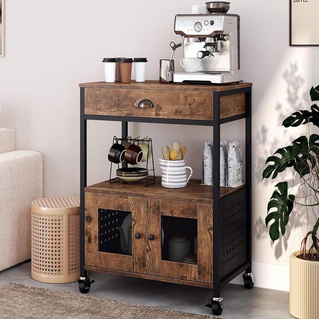 Catrimown Coffee Cart with Storage, Coffee Bar Cabinet on Wheels, Small Microwave Cart with Drawer for Kitchen, Living Room, Rustic Brown
