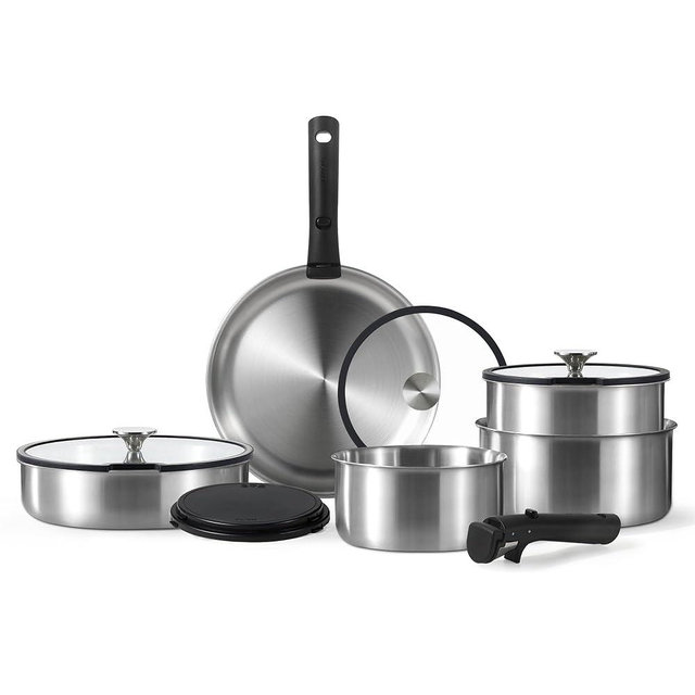 CAROTE 12pcs Pots and Pans Set, Stainless Steel Cookware Set Detachable Handle, Induction Kitchen Cookware Sets with Removable Handle, RV Cookware Set, Oven Safe, Camping Cookware, Black