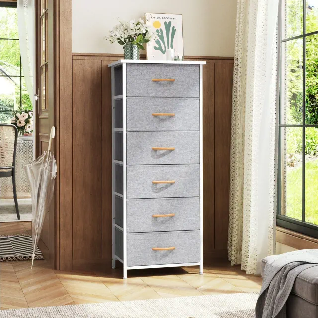 Crestlive Products Vertical 6-Dresser for Bedroom Storage Tower with Sturdy Steel Frame Wood Top Easy Pull Fabric Bins Light Gray