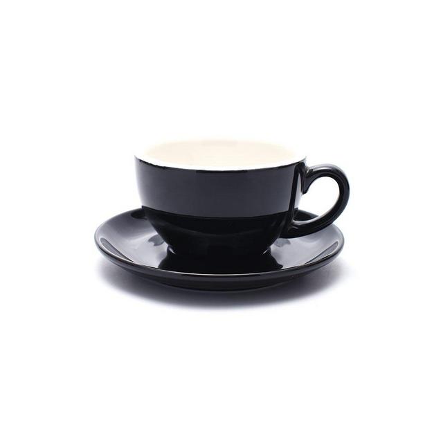 Coffeezone Latte Art Cup and Saucer for Latte & Cappuccino New Bone China, Mate for Coffee Shop and Barista (Glossy Black, 10.5 oz)