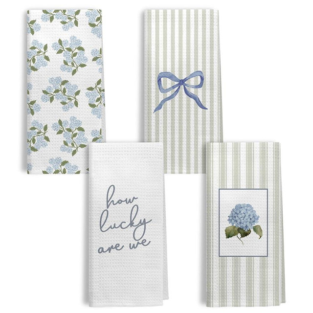 Kemingni Preppy Coquette Blue Bow Hydrangea Floral Kitchen Dish Towels, How Lucky are We Sage Green Striped Flower Decorative Hand Towels for Bathroom Kitchen Decor, 16x24 Inch Set of 4