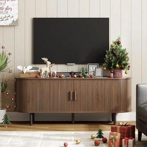 ONBRILL 55" TV Stand with Power Outlet for TVs up to 60 Inch, Entertainment Center with Storage and Adjustable Shelves, Modern Media Console with Sliding Doors for Living Room, Walnut