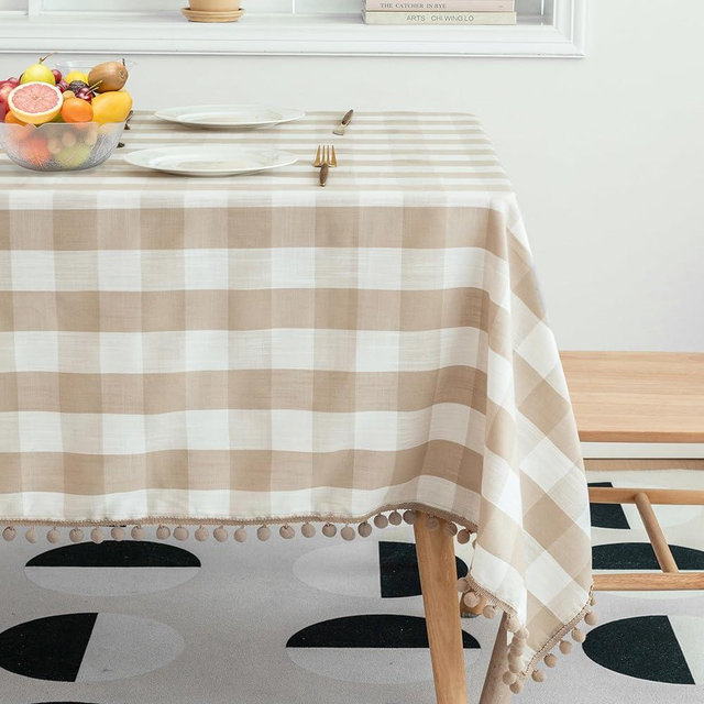 Jubilantex Square Buffalo Plaid Table Cloth Tablecloth with Tassel Beige and White Rustic Linen Textured Farmhouse Table Cover for Kitchen Restaurant Dining Table Top 54 x 54 inch
