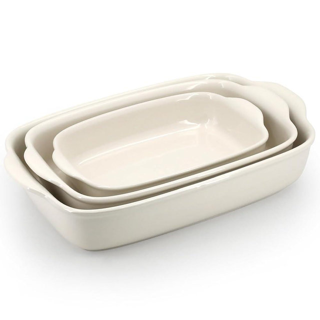 3-Pack Ceramic Baking Dishes Set,Heavy-Duty Oven-Safe Stoneware,Deep Rectangular Casserole Pans for Lasagna & Baking,High Heat Resistant,Handcrafted Glazed Finish (13.8''/12''/9.6'' Pure Off-White)