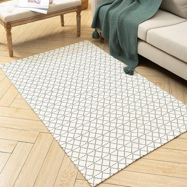 Boho Kitchen Rug, Washable Cotton Woven Small Bathroom Bath Mat for Entry, Farmhouse Bohemian Modern Geometric Fringe Neutral Tribal Area Rugs Bedroom Indoor, Cream / Coffee, 5'x3'
