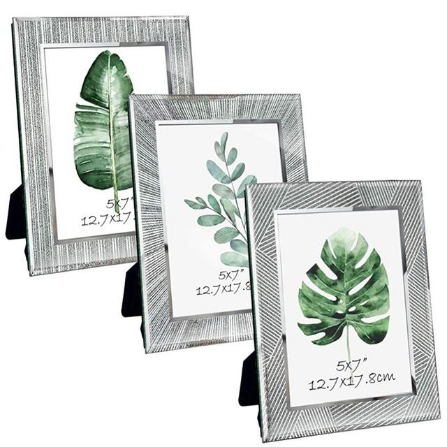 ZBEIVAN 5x7 Picture Frames 3-Pack Ornament Sparkling Glass Silver Glittery Mirrored Edge Vertical Horizontal Desk Tabletop Standing 7x5 Photo Frame