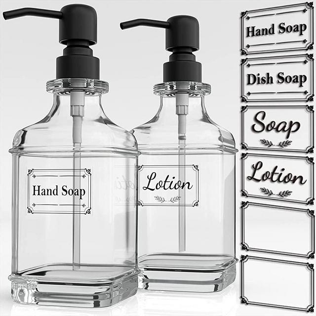 GLADPURE Soap Dispenser - 2 Pack, 18 Oz Antique Design Thick Glass Hand Soap Dispensers; with 304 Rust Proof Stainless Steel Pump, 6Pcs Clear Stickers, for Kitchen, Bathroom - Black