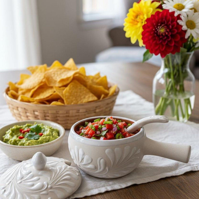 Handmade Talavera Salsa Bowl, White Floral Mexican Pottery with Lid & Spoon || ArteyAlmaMexicana
