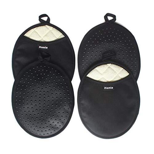 Honla 4 Piece Oval Pot Holders with Pockets,Heat Resistant to 500 F,Flexible Non Slip Silicone Grip Hot Pads,Black