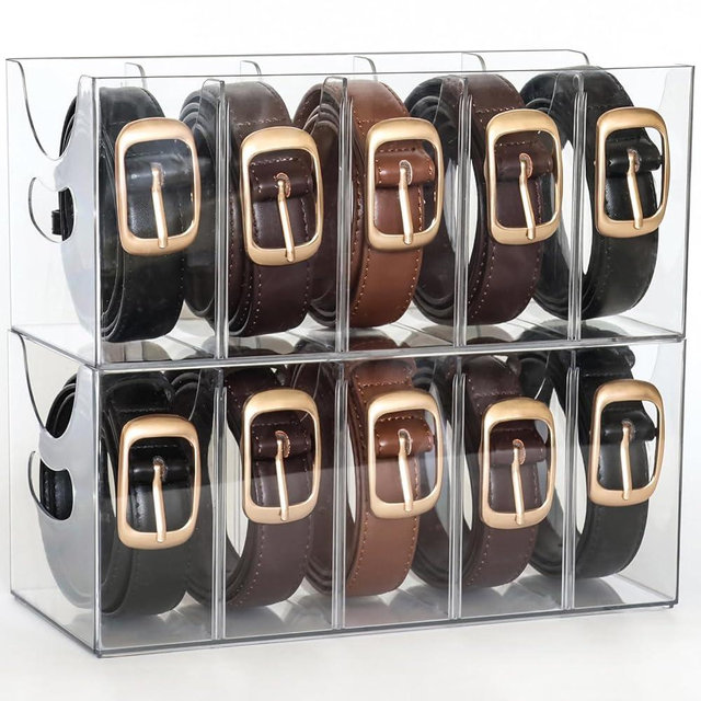 Rusnugic Belt Organizer - 2 Pack Clear Stackable Belt holder For Closet Drawer Storage - 5 Compartments with Removable Dividers, Multi-Purpose Display Bins With Inserts For Ties,Socks,underwear (2)