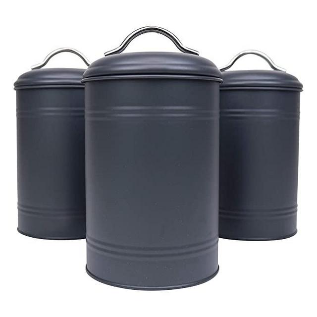 Kitchen Canisters, Set of 3 for Countertop Storage of Coffee, Food, Charcoal Grey Metal, All One-Size, Airtight Lids, Modern Farmhouse Industrial (8 Inches High with Lids, 4.5 Inches Diameter)