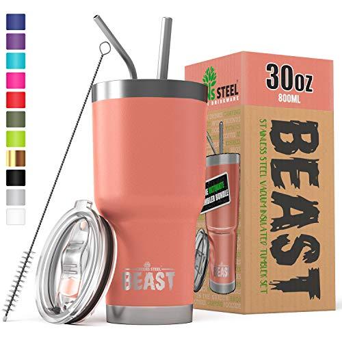 BEAST 30 oz Tumbler Stainless Steel Insulated Coffee Cup with Lid, 2 Straws, Brush & Gift Box (30 oz, Blossom)