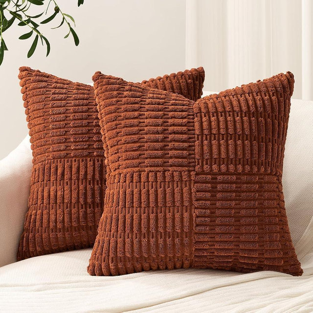 Topfinel Terracotta Decorative Throw Pillow Covers 18x18 Set of 2 Rust Boho Farmhouse Fall Home Decor Soft Corduroy Textured Striped Orange Pillow Covers for Autumn Living Room Sofa Couch Bed