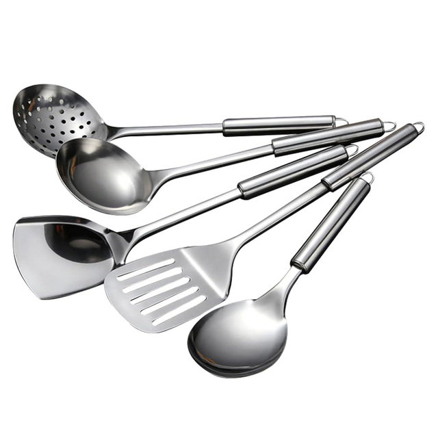 5 PCS Cooking Utensils Set Stainless Steel Kitchen Utensils Gadgets Resistant Cooking Tools Includes Slotted Spoon, Slotted Spatula, Large Spoon, Soup, Spatula(Sliver)