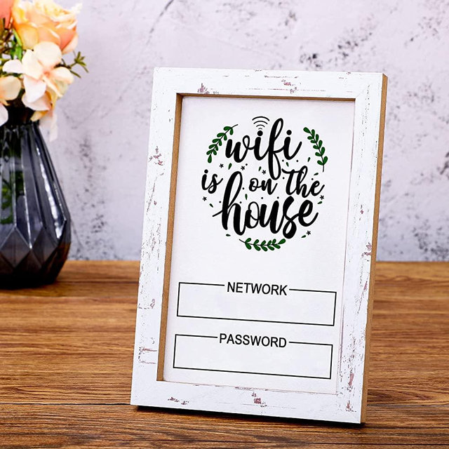 Kathfly wifi pattern Password Sign for Guest White Board wifi pattern Sign Cute Rustic Worn Wood Frame with Writable Surface 7.87 x 5.43 Inches Wooden wifi pattern Network Sign for Home Business Store