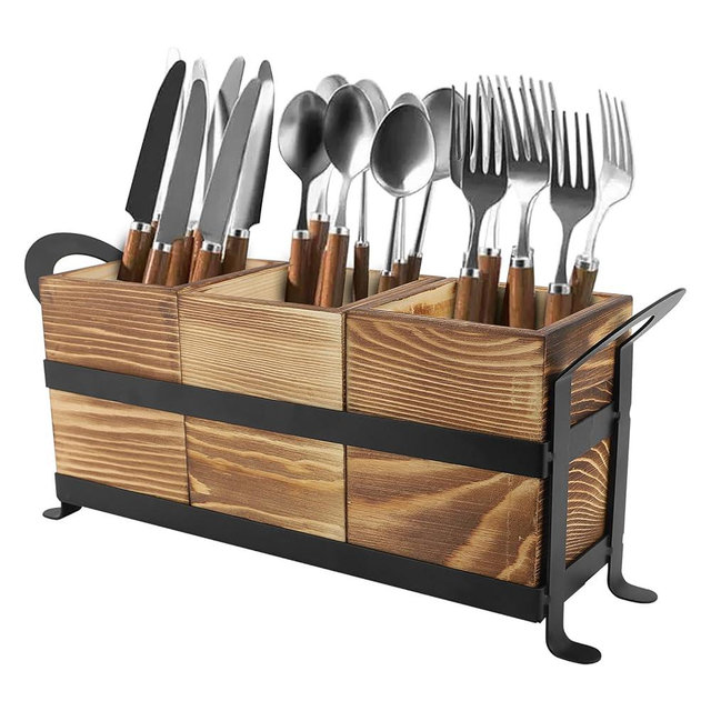 Gugxiom Utensil Holder for Party, Utensil Caddy Silverware Cutlery Holder, Fork Spoon Knife Organizer with 3 Compartments, Rustic Kitchen Utensil Organizers, for Farmhouse Kitchen Countertop