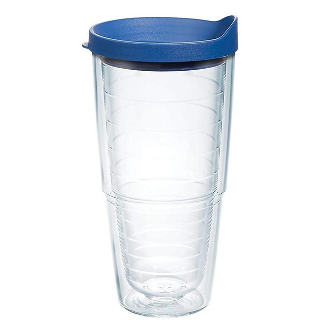 Tervis Made in USA Double Walled Clear & Colorful Lidded Insulated Tumbler Cup Keeps Drinks Cold & Hot, 24oz, Blue Lid