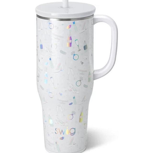 Swig Life 40oz Mega Mug, 40 oz Tumbler with Handle and Straw, Cup Holder Friendly, Dishwasher Safe, Extra Large Insulated Tumbler, Stainless Steel (Bride to Be)
