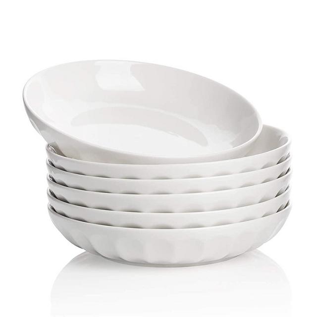 Teocera Pasta Bowls, Salad Bowls, Porcelain Bowl Set, Wide and Shallow, Fluted Design, 30 Ounce - Set of 6, White