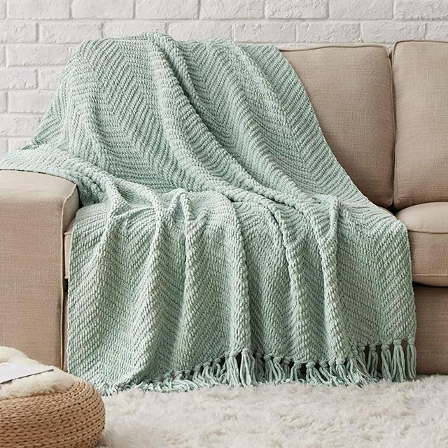 BEDSURE Sage Green Throw Blanket for Couch –Versatile KnitWoven Chenille Blanket for Chair – Super Soft, Warm & Decorative Blanket with Tassels for Bed, Sofa and Living Room (Sage Green, Throw)
